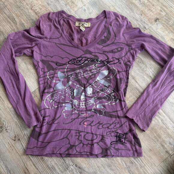Ed Hardy Tops - Ed Hardy Love Kills Slowly Long Sleeve V-Neck Shirt Size S